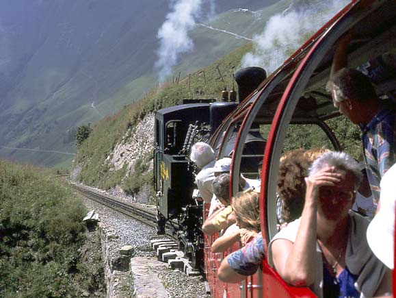 No.12 descends from the Rothorn. Note the counter pressure brake exhaust at the rear of the cab on the lefthand side. August 16 2000