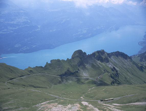 No 12, virtually lost in the mountain landscape, climbs towards the Rothorn. Note the total absence of smoke, the same can not be said for the coal fired locos of the BRB when they climb the hill. August 16 2000