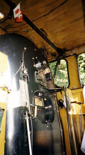 A view in to the cab of BRB No.12. The backhead is very simple, and heavily insulated. The driver stands on the far side. August 16 2000