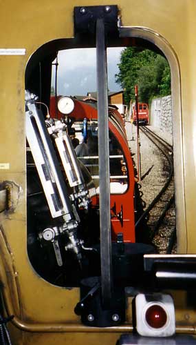This is the drivers view forward. Note the two gauge glasses to ensure the driver has an accurate knowledge of the water level. The gauge in front of and higher than the front gauge glass shows the blower pipe pressure. August 16 2000