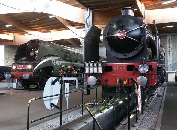 The two stars of the Mulhouse museum are De Caso designed SNCF 4-6-4 compound 232U1 (left) and the Chapelon designed Nord compound 4-6-2 3.1192 (SNCF 231E22.) May 31 2003
