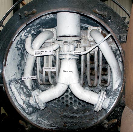 A little while ago Sir Drefaldwyn had her smokebox prepared for display at a Gala weekend. it is conveniently still labeled! The Nigel Day / Shaun McMahon Lempor type nozzle can clearly be seen on top of the blast pipe. August 14 2003