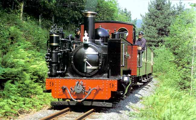 Textbook oil firing. Vale of Rheidol's No 9 Prince of Wales approaches Rheidol Falls on a warm August day in 1991. The chimney is emitting a 'grey haze', showing that almost perfect combustion of the gas oil is being achieved. &copy; John R. Jones