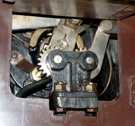 Each of the four cylinders have there own valvegear. The cut-off could be altered separately on the high pressure and low pressure sides of the engine. This view shows the final drive on to the inside, low pressure, cylinder oscillating cam. This on on the right hand side of the locomotive. October 9 2003