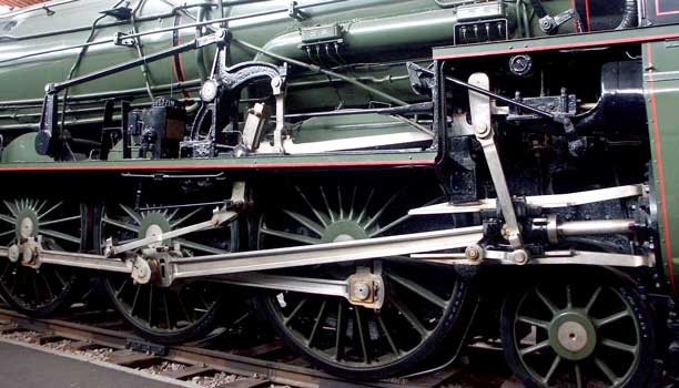 A close up view of the right hand side motion. Being copied from an early PLM type the 241Ps retained much of the layout. The high pressure cylinders are inside the frames whilst the outside low pressure cylinders have outside admission piston valves. October 9 2003