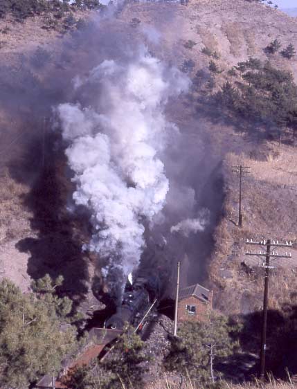 A SY 2-8-2 and a JS 2-8-2 bank a steel works bound train between the first and second tunnel on the Chengde steelworks branch. February 1999.