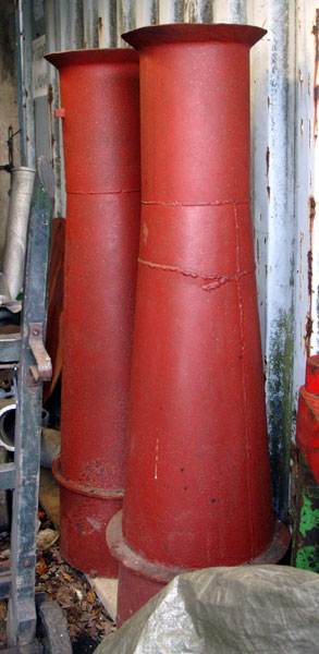 A pair of stored Austerity one piece mixing chamber and diffusers. The mixing chamber is the parallel section whilst the diffuser is the tapered section. Current best practice, on Lempor fitted locos, is to split the mixing chamber/diffuser assembly into two piece to aid access to the tube bank. 04 December 2005