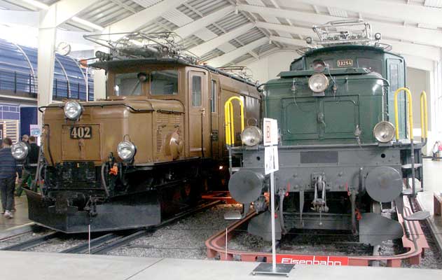 Two 'Crocodiles' can be found in the Museum. On the left is metre gauge, 1921 built, Rhätische (Rhaetian) Bahn Class Ge 6/6I 402 and on the right is standard gauge SBB Be 6/8II 13254. October 4 2003