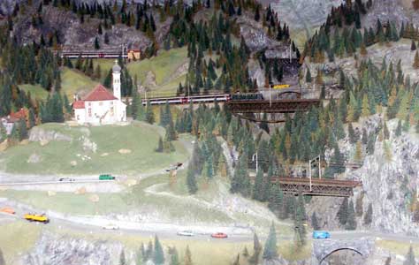Verkehrshaus features a fantastic model of the Gotthard Pass in HO. If I remember rightly a sign stated 36000 man hours had been put in to the construction of this layout. Here the railway can be seen on three separate levels. October 4 2003