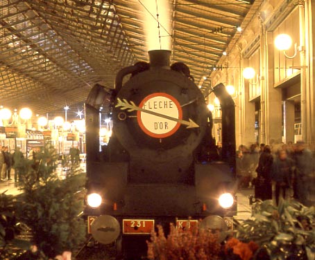 The front end of SNCF 231K8, complete with 'Fleche D'Or' headboard shortly after arrival at Paris Nord. October 12 2002